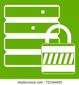 Database with padlock icon white isolated on green background. Vector illustration