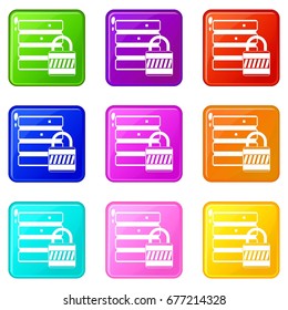 Database with padlock icons of 9 color set isolated vector illustration