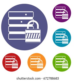 Database with padlock icons set in flat circle reb, blue and green color for web