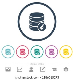 Database paste data flat color icons in round outlines. 6 bonus icons included.