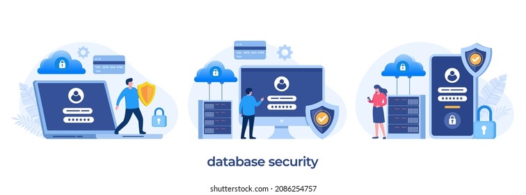 Seguridad de la base de datos y de los datos personales, seguridad de los datos informáticos, privacidad, plantilla de ilustración de diseño plano