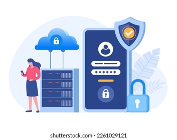 Database and personal data security, cyber data security, privacy, flat design concept illustration template