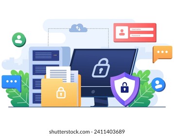 Database and personal data security, Cyber security, Information privacy concept flat illustration banner for landing page, website, mobile app