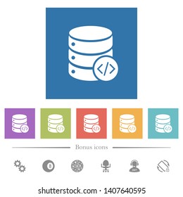 Database programming flat white icons in square backgrounds. 6 bonus icons included.