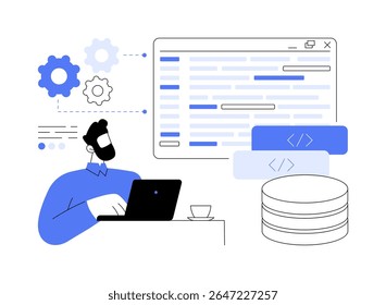 Programação de banco de dados ilustrações isoladas de vetor de desenhos animados. Desenvolvedor de empresa de TI profissional criar arquitetura de banco de dados, engenharia de software, codificação e processo de programação, desenho animado vetorial.