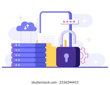 Database protection, Cyber security, Data Center, File management, cloud storage, Privacy data protection flat illustration for landing page, mobile app, poster, flyer, web banner, infographic