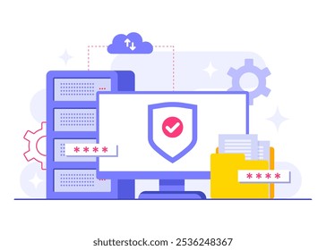 Protección de la base de datos, seguridad cibernética, centro de datos, gestión de archivos, almacenamiento en la nube, protección de datos de privacidad ilustración plana para la página de destino, App móvil, cartel, volante, Anuncio de Web, infografía