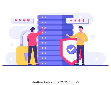 Database protection, Cyber security, Data Center, File management, cloud storage, Privacy data protection flat illustration for landing page, mobile app, poster, flyer, web banner, infographic