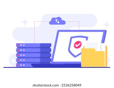 Protección de la base de datos, seguridad cibernética, centro de datos, gestión de archivos, almacenamiento en la nube, protección de datos de privacidad ilustración plana para la página de destino, App móvil, cartel, volante, Anuncio de Web, infografía
