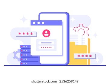 Protección de la base de datos, seguridad cibernética, centro de datos, gestión de archivos, almacenamiento en la nube, protección de datos de privacidad ilustración plana para la página de destino, App móvil, cartel, volante, Anuncio de Web, infografía