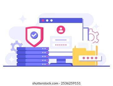 Protección de la base de datos, seguridad cibernética, centro de datos, gestión de archivos, almacenamiento en la nube, protección de datos de privacidad ilustración plana para la página de destino, App móvil, cartel, volante, Anuncio de Web, infografía