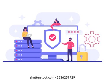 Protección de la base de datos, seguridad cibernética, centro de datos, gestión de archivos, almacenamiento en la nube, protección de datos de privacidad ilustración plana para la página de destino, App móvil, cartel, volante, Anuncio de Web, infografía