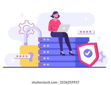 Database protection, Cyber security, Data Center, File management, cloud storage, Privacy data protection flat illustration for landing page, mobile app, poster, flyer, web banner, infographic