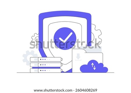 Database protection and Cyber security. Privacy data. Data Center, File management, cloud storage. Flat Cartoon Vector Illustration, icon. Stylish abstract design web