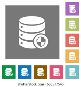 Database protection flat icons on simple color square backgrounds