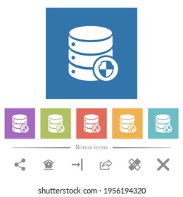 Iconos blancos planos de protección de bases de datos en fondos cuadrados. 6 iconos de bonificación incluidos.