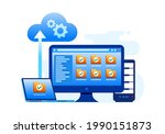 Database protection on cloud, data center secure. Cloud storage landing page website illustration flat vector template 