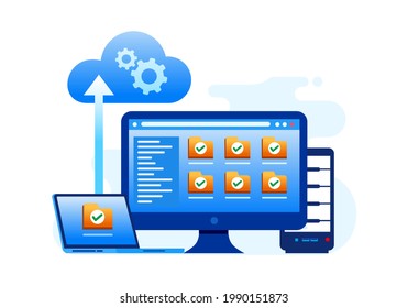 Datenbankschutz auf Cloud, Rechenzentrum sicher. Cloud-Speicherlandeseite, Illustration mit flacher Vektorgrafik 