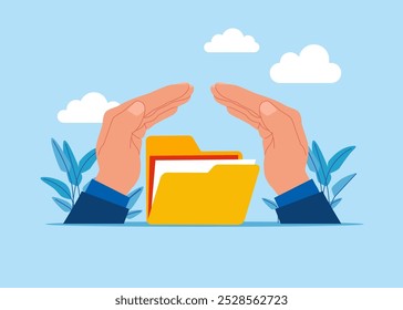 Database protection. Wellbeing metaphor. Files folder under hands. Flat modern vector illustration