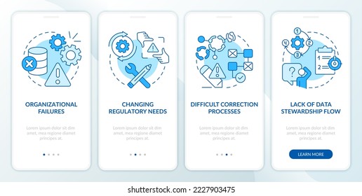 Database regulation issues blue onboarding mobile app screen. Walkthrough 4 steps editable graphic instructions with linear concepts. UI, UX, GUI template. Myriad Pro-Bold, Regular fonts used