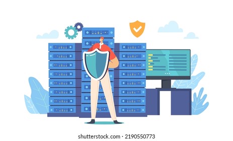 Database Safety Concept. Man Character Hold Shield Protecting Server Or Hard Disks. Secured App Or Online Service, Safe Storage Of User Data, Information Or Files. Cartoon People Vector Illustration