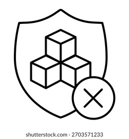 Emblema de seguridad de la base de datos con el icono de negar la línea delgada cruzada, concepto de acaparamiento de datos. Gráficos de Vector. Signo prohibido del acceso seguro de los datos en el fondo blanco, icono del estilo del contorno para el móvil o el Diseño web