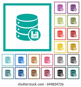 Database save flat color icons with quadrant frames on white background