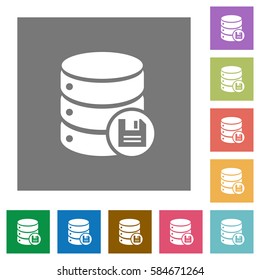 Database save flat icons on simple color square backgrounds