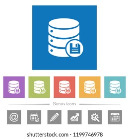 Database save flat white icons in square backgrounds. 6 bonus icons included.