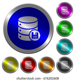 Database save icons on round luminous coin-like color steel buttons