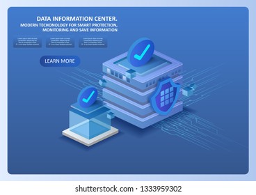 Database save, protect. Landing page, 3d isometric project for different materials.
