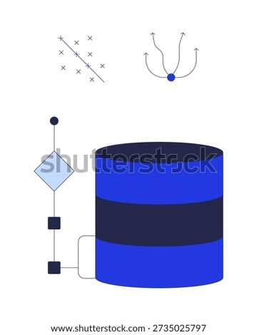 Database with scatter plot and flow diagram 2D cartoon objects set. Data science. Server technology and analytics isolated elements flat vector clip arts on white. Spot illustrations collection