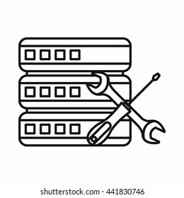 Database with screwdriver and spanner icon in outline style on a brown background