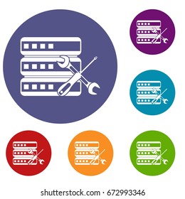 Database with screwdriver and spanner icons set in flat circle reb, blue and green color for web