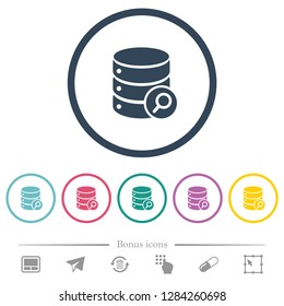 Database search flat color icons in round outlines. 6 bonus icons included.