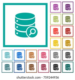 Database search flat color icons with quadrant frames on white background