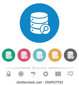 Database search flat white icons on round color backgrounds. 6 bonus icons included.