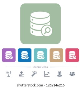 Database search white flat icons on color rounded square backgrounds. 6 bonus icons included