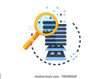 Database searching concept with stack of files and golden magnifying glass on abstract background 3d flat vector illustration