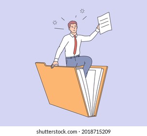 Database, searching info. Young man office worker searching file to big folder. Businessman holds paper document. User and data archive