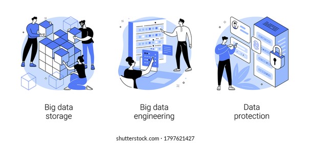 Database Security Abstract Concept Vector Illustration Set. Big Data Storage, Big Data Engineering, Data Protection, Disk Infrastructure, Business Information Safety, Access Policy Abstract Metaphor.