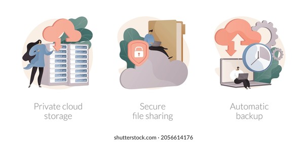 Database Security Abstract Concept Vector Illustration Set. Cloud Storage, Secure File Sharing, Automatic Backup, File Hosting, Data Recovery And Synchronization, External Drive Abstract Metaphor.