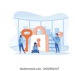 Database security. Business people holding a key and lock. Personal data protection. modern vector flat illustration