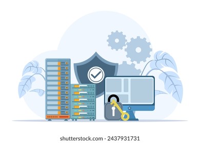 database security concept, phishing, hacker attack, hackers stealing personal data, using Cyber Security Services to Protect Personal Data. Database security, vector flat design illustration.