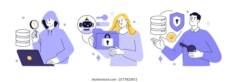 Database security, cyber crime, phishing set. Characters use artificial intelligence technology for data protection, cybersecurity, privacy. Secure network outline concept. Vector illustration.