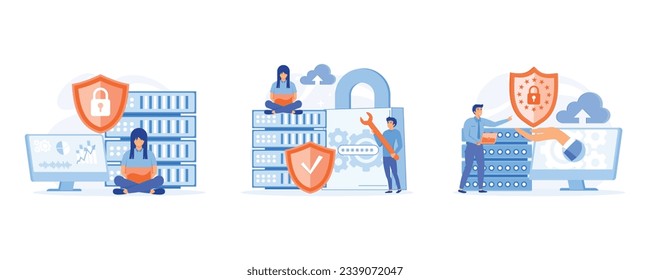 database security, phishing, hacker attack concept. hackers stealing personal data, set flat vector modern illustration