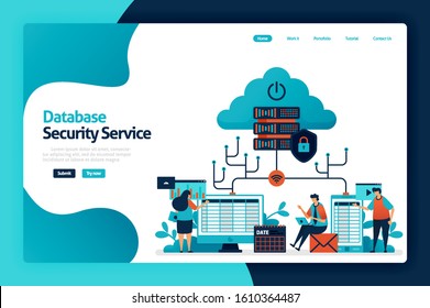 Database security service landing page design. safety internet data access, user privacy protection, firewall service for guard and control. vector illustration for poster, website, flyer, mobile app