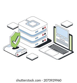 Database, security shield, storage, laptop screen site. Vector 3d sketch line isometric style, color icon illustration. Creative design idea and infographics elements.