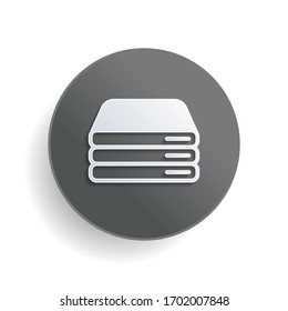 Database server, backup data, computer network, cloud hardware. White paper symbol on gray round button or badge with shadow