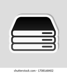 Database server, backup data, computer network, cloud hardware. Sticker style with white border and simple shadow on gray background